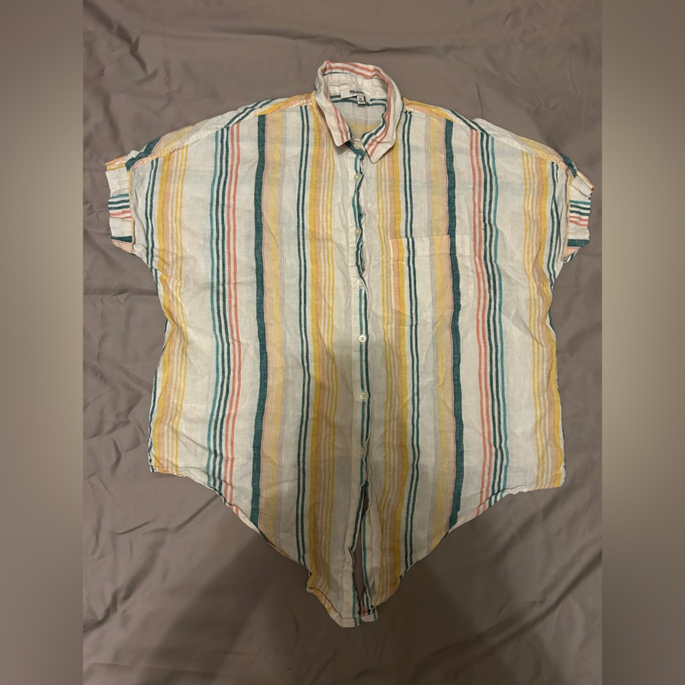 Madewell 100% Linen rainbow striped tie front oversized top Size XS